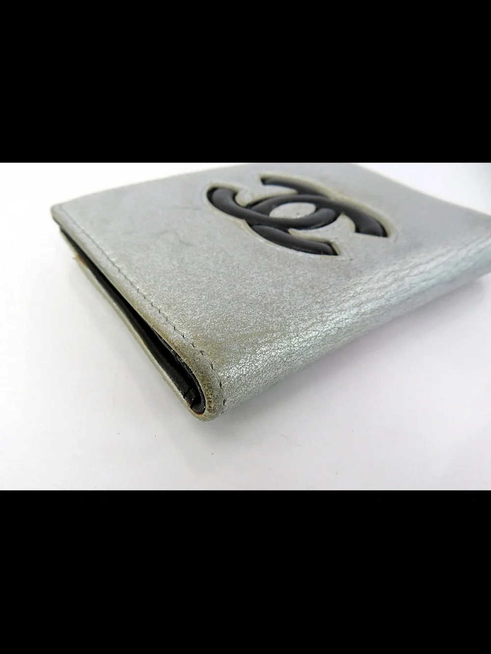 CHANEL Silver Card Case with Black Interlocking CC